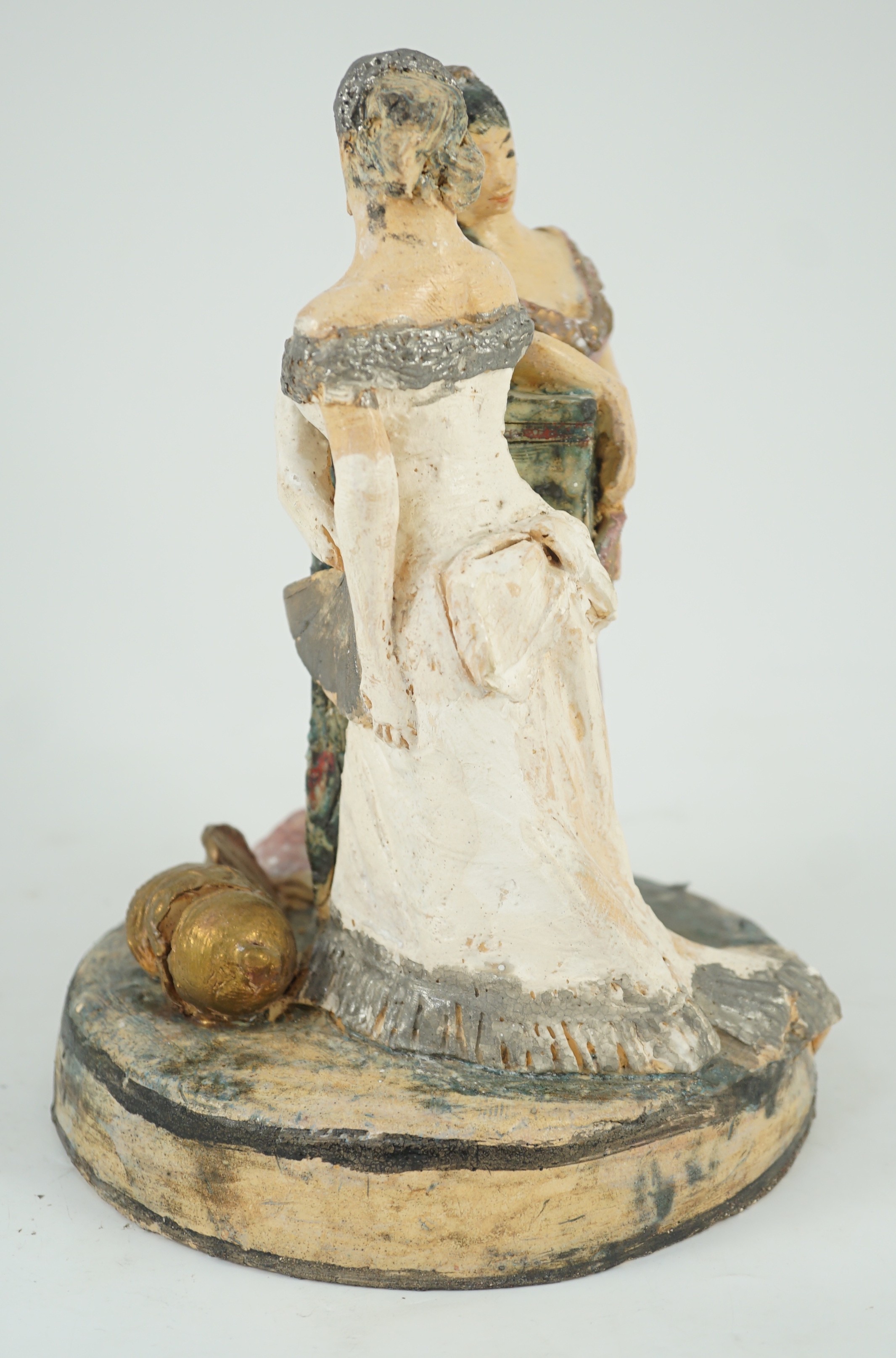 Quentin Bell (1910-1996). A studio pottery group of two women in ballgowns, 25.5cm high